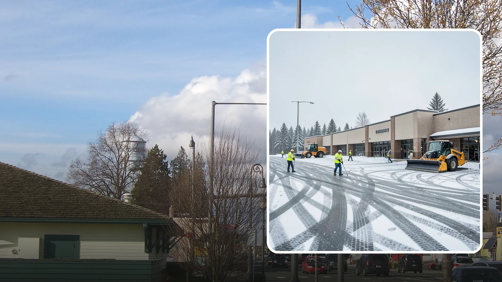 Big Box Store Snow Removal in Marysville, Snohomish County, WA - When wet Cascade snow blankets a big box parking lot overnight, a plowed and salted approach is what keeps Western Washington...
