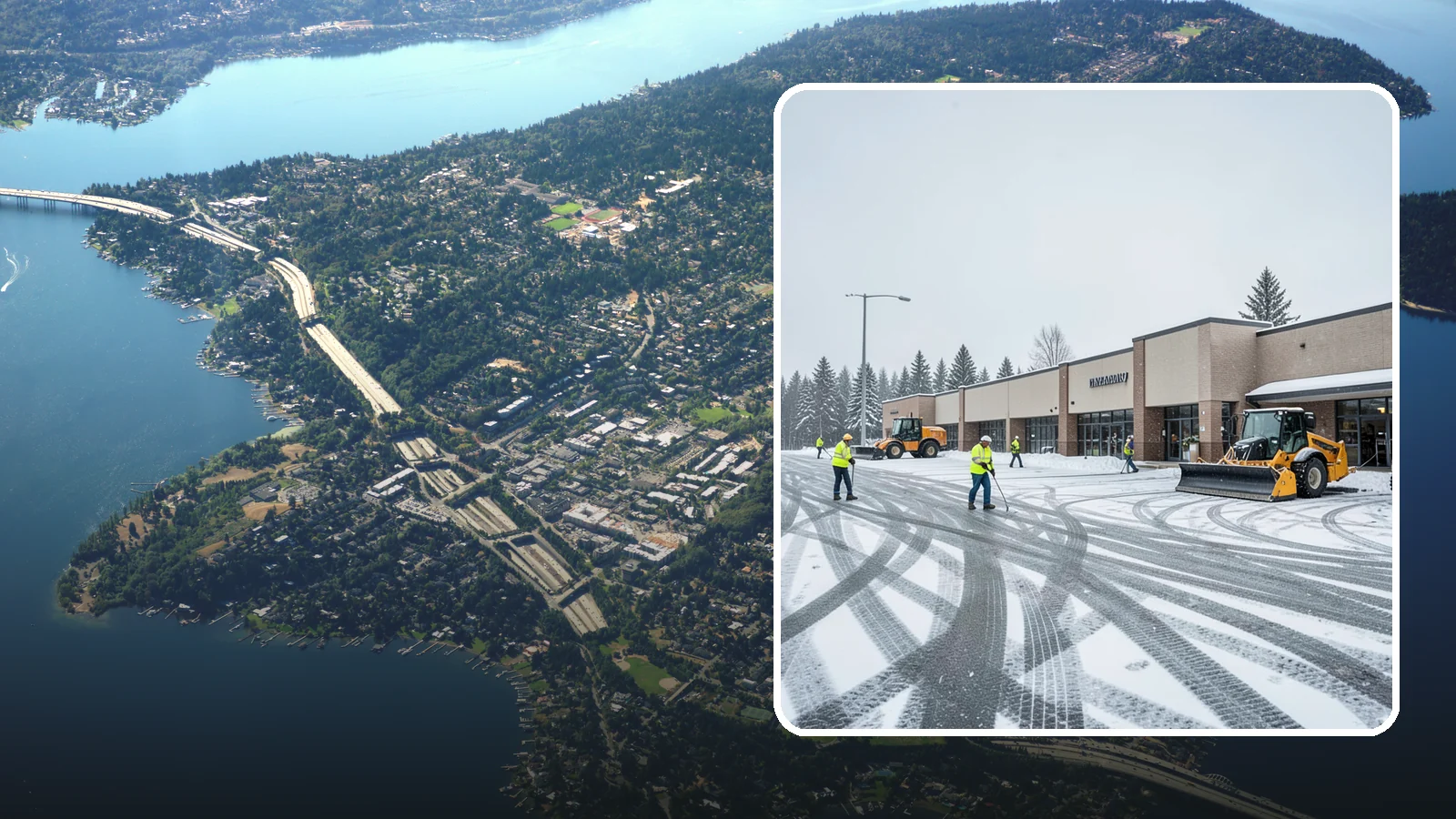 Big Box Store Snow Removal in Mercer Island, King County, WA - When wet Cascade snow blankets a big box parking lot overnight, a plowed and salted approach is what keeps Western Washington...