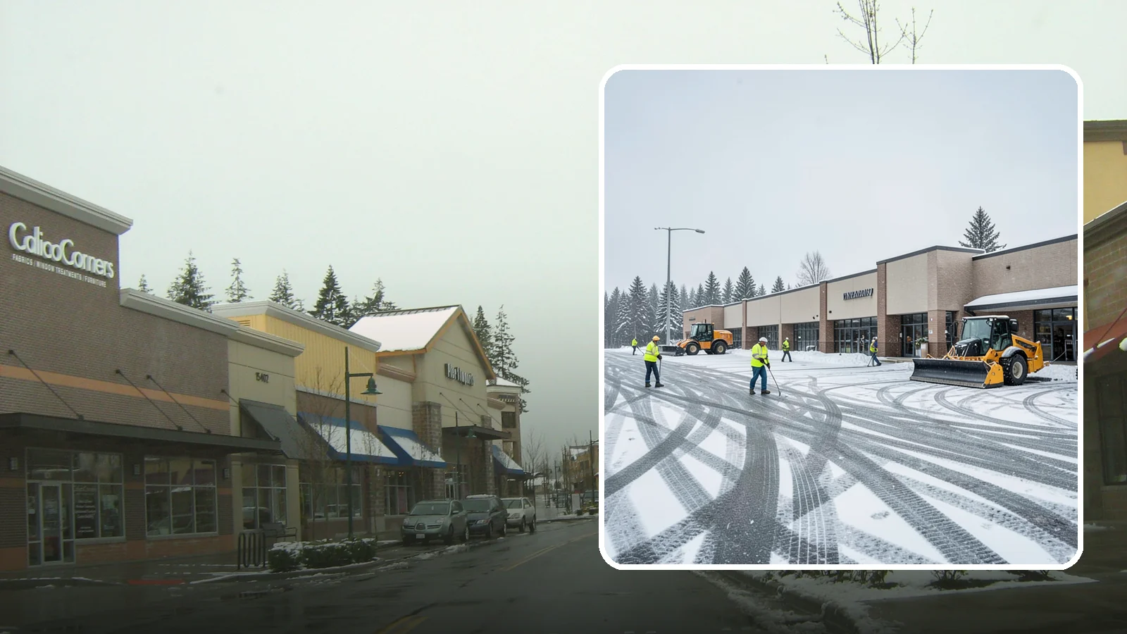 Big Box Store Snow Removal in Mill Creek, Snohomish County, WA - When wet Cascade snow blankets a big box parking lot overnight, a plowed and salted approach is what keeps Western Washington...