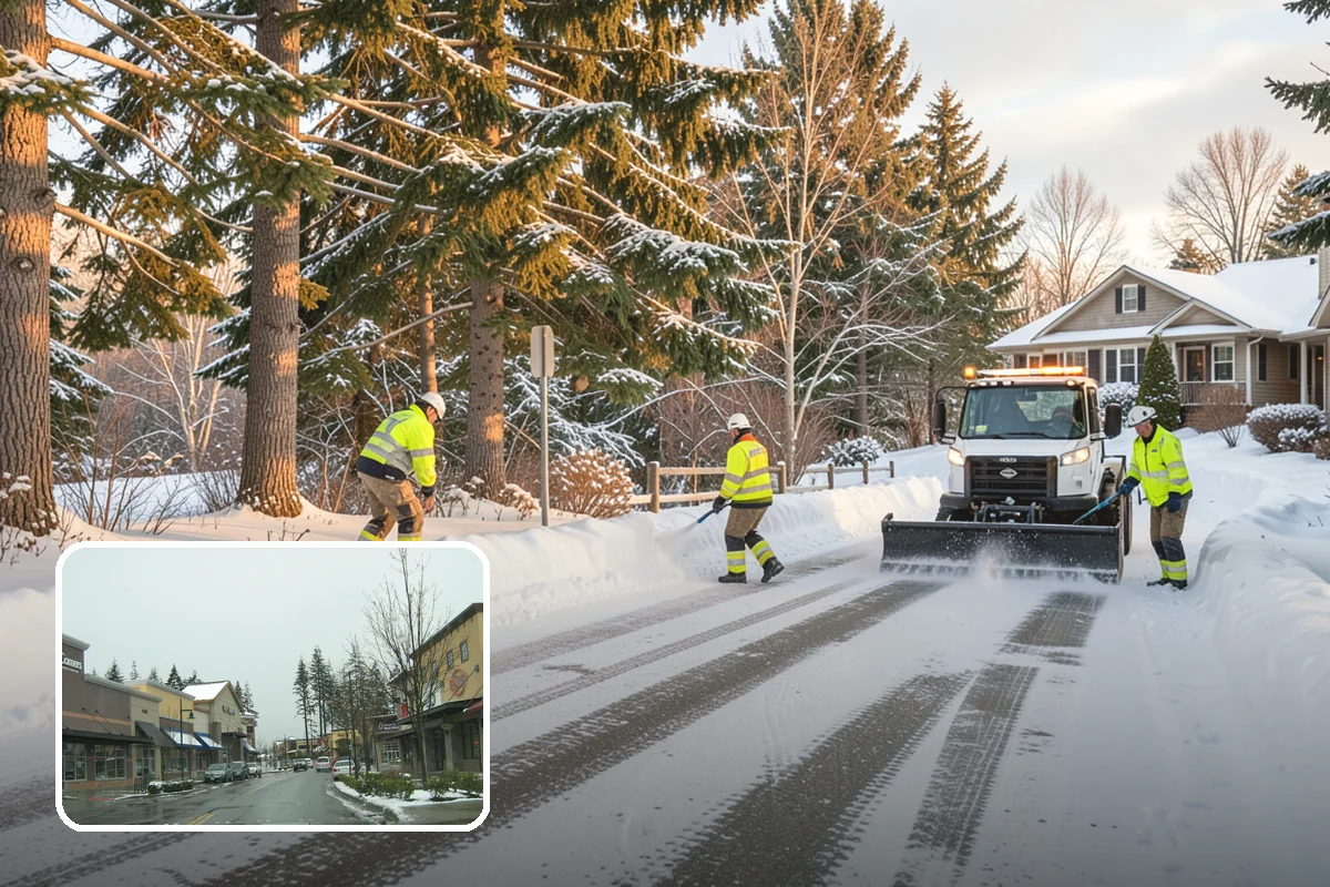 Big Box Store Snow Removal in Mill Creek, Snohomish County, WA - Wide travel lanes and cart corrals cleared before opening