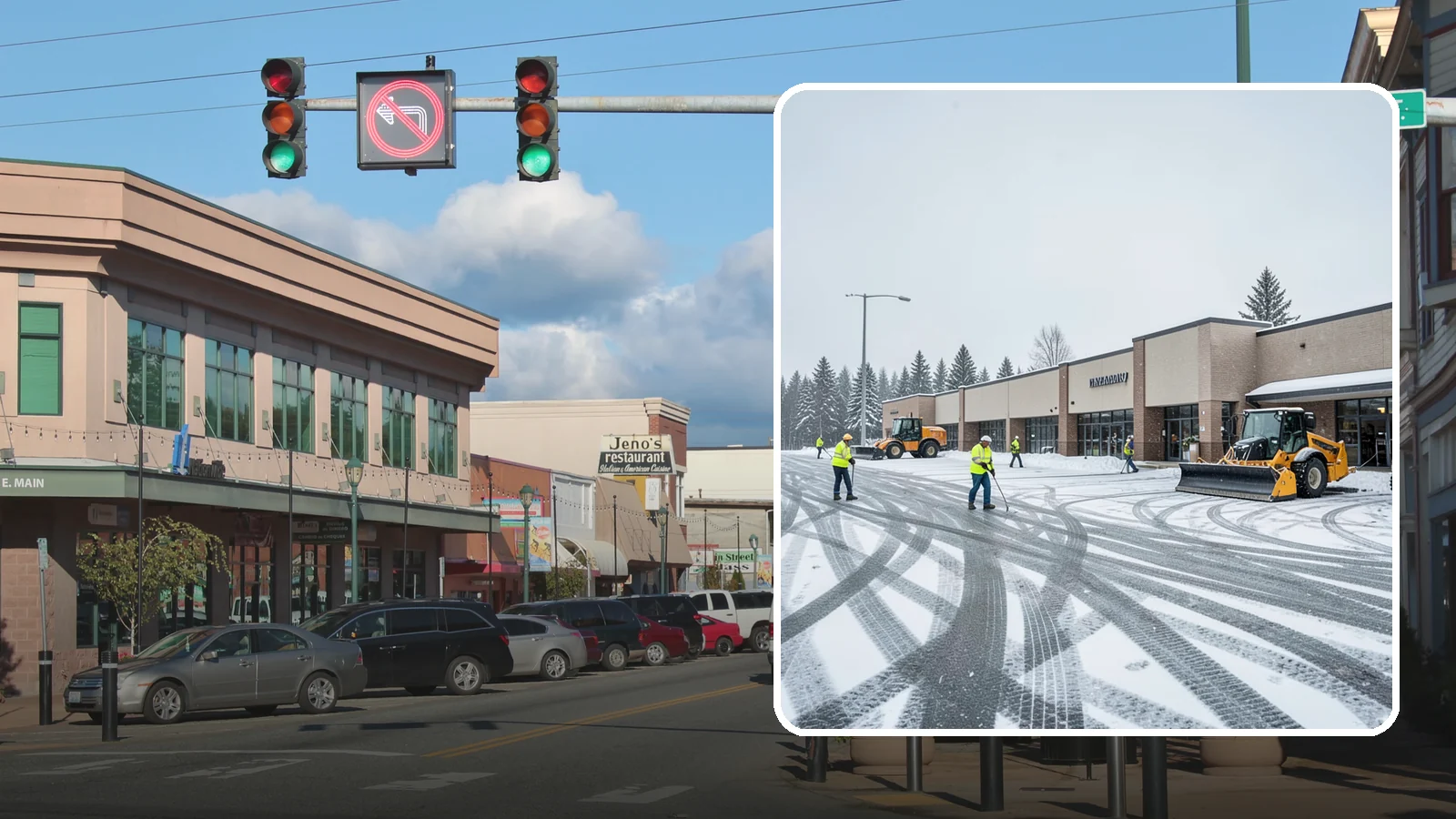 Big Box Store Snow Removal in Monroe, Snohomish County, WA - When wet Cascade snow blankets a big box parking lot overnight, a plowed and salted approach is what keeps Western Washington...
