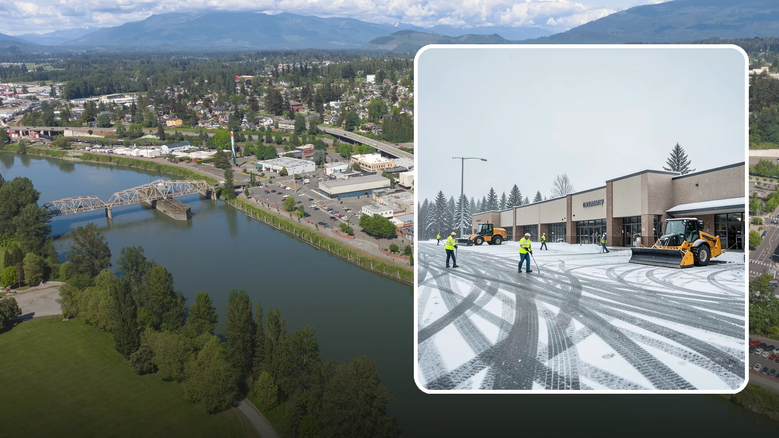 Big Box Store Snow Removal in Mount Vernon, Skagit County, WA - When wet Cascade snow blankets a big box parking lot overnight, a plowed and salted approach is what keeps Western Washington...