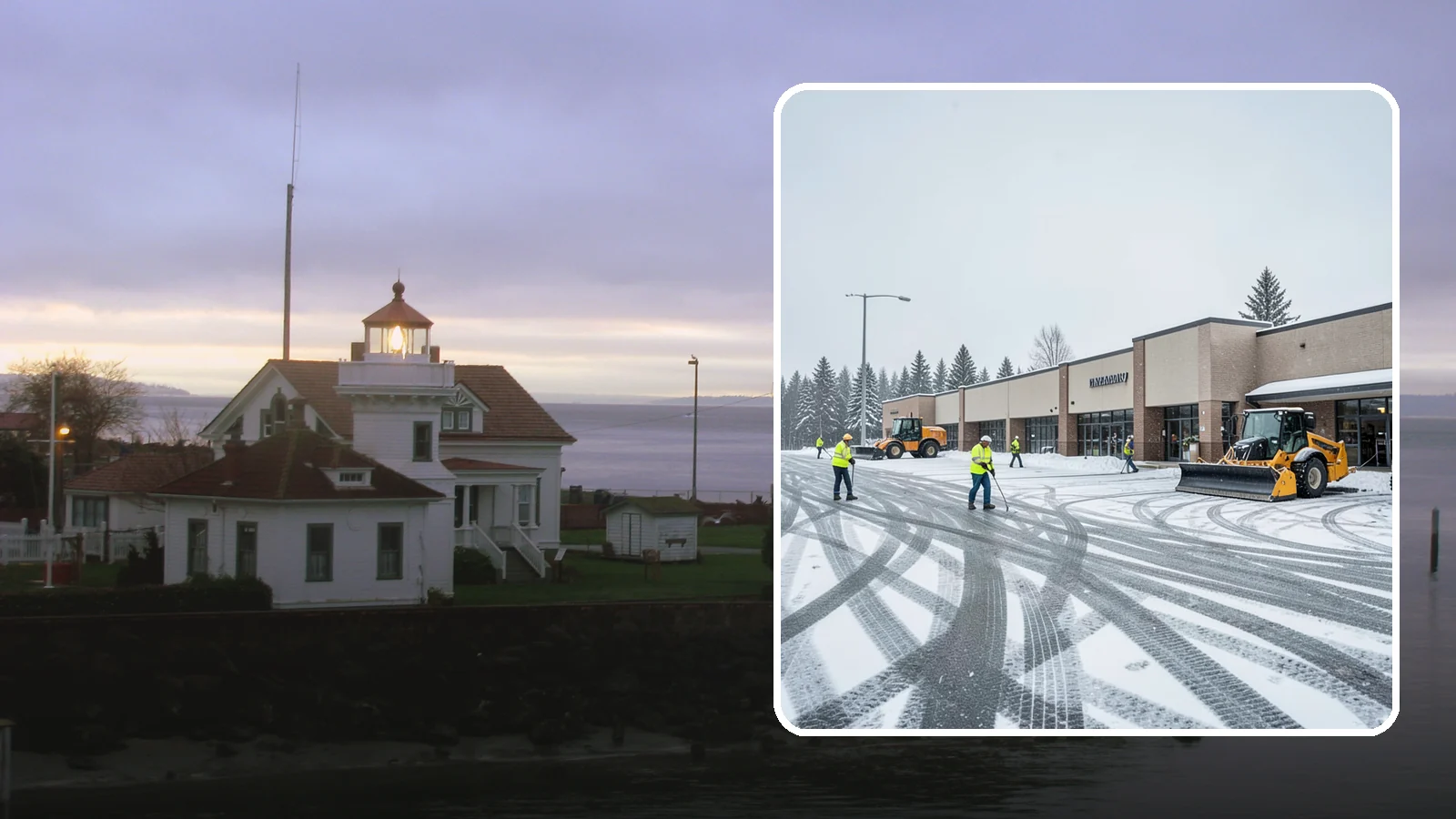 Big Box Store Snow Removal in Mukilteo, Snohomish County, WA - When wet Cascade snow blankets a big box parking lot overnight, a plowed and salted approach is what keeps Western Washington...