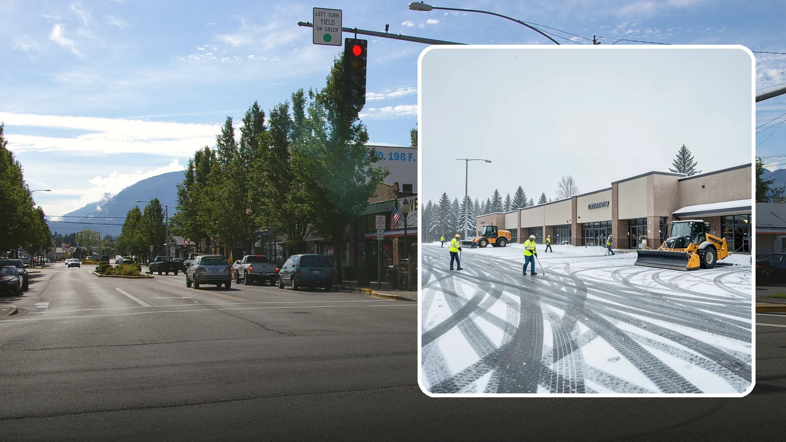 Big Box Store Snow Removal in North Bend, King County, WA - When wet Cascade snow blankets a big box parking lot overnight, a plowed and salted approach is what keeps Western Washington...