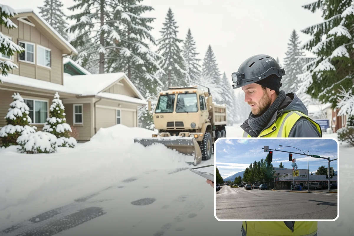 Big Box Store Snow Removal in North Bend, King County, WA - Wide travel lanes and cart corrals cleared before opening