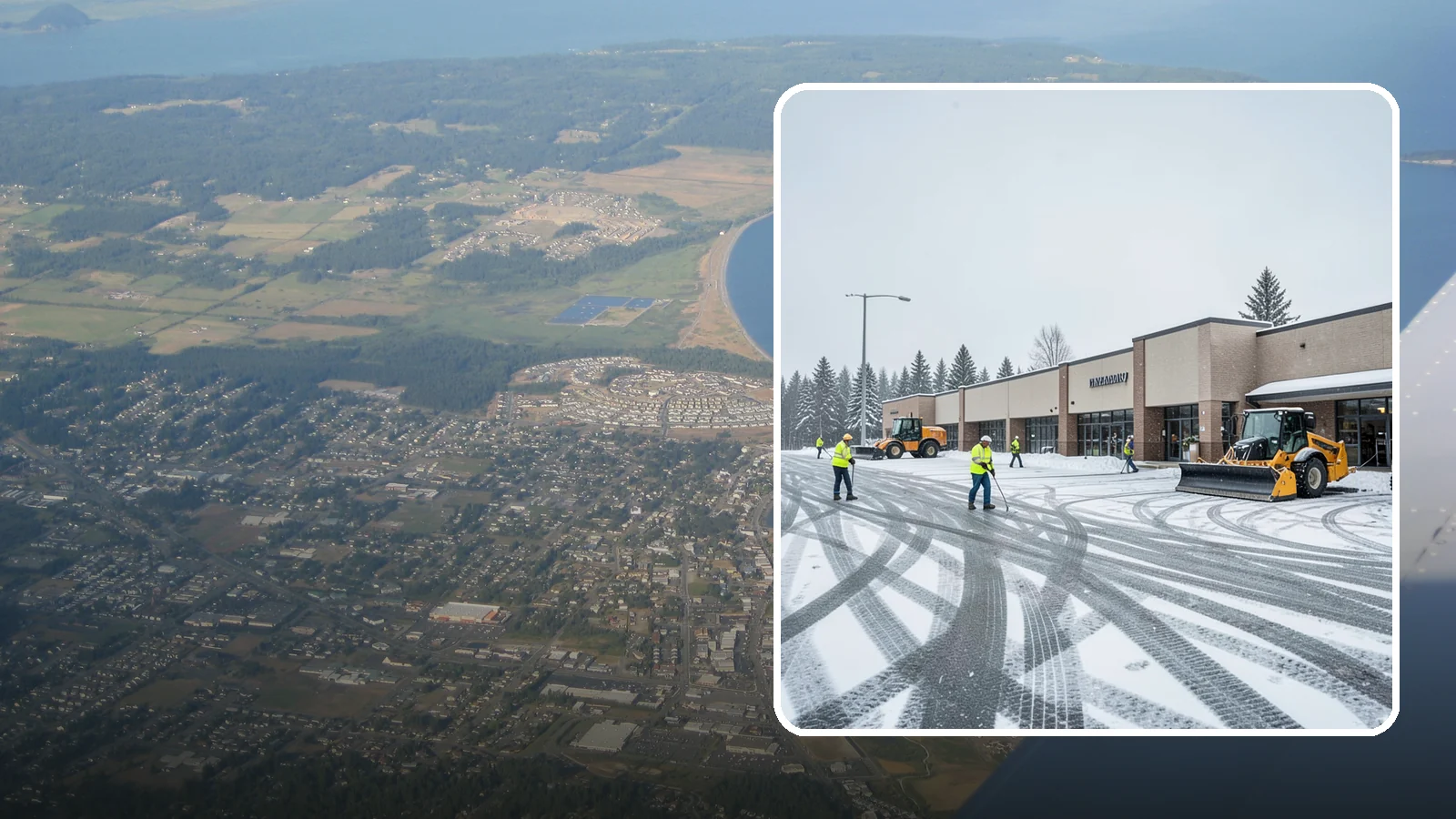 Big Box Store Snow Removal in Oak Harbor, Island County, WA - When wet Cascade snow blankets a big box parking lot overnight, a plowed and salted approach is what keeps Western Washington...