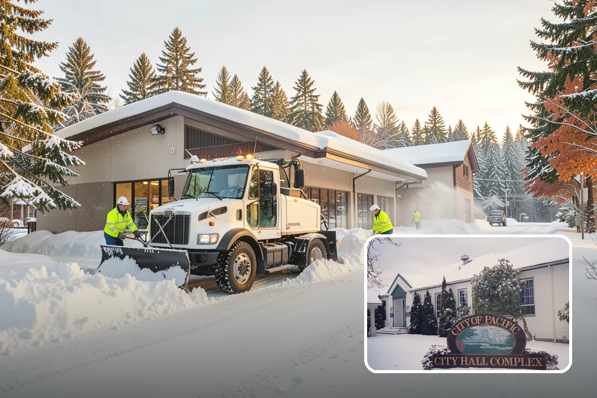 Big Box Store Snow Removal in Pacific, King County, WA - Wide travel lanes and cart corrals cleared before opening