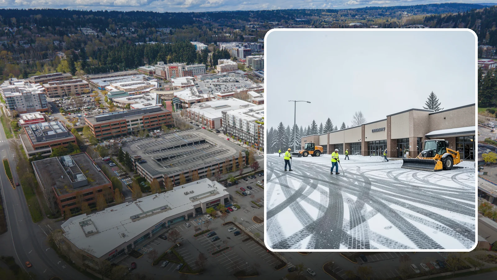 Big Box Store Snow Removal in Redmond, King County, WA - When wet Cascade snow blankets a big box parking lot overnight, a plowed and salted approach is what keeps Western Washington...
