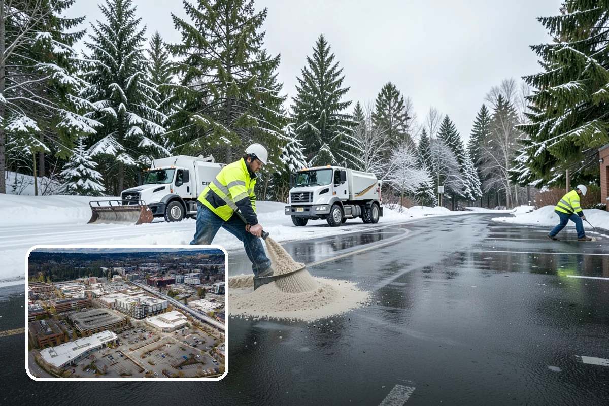 Big Box Store Snow Removal in Redmond, King County, WA - Wide travel lanes and cart corrals cleared before opening