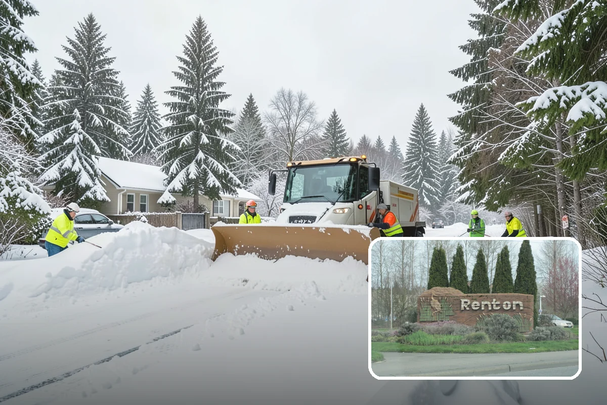 Big Box Store Snow Removal in Renton, King County, WA - Wide travel lanes and cart corrals cleared before opening