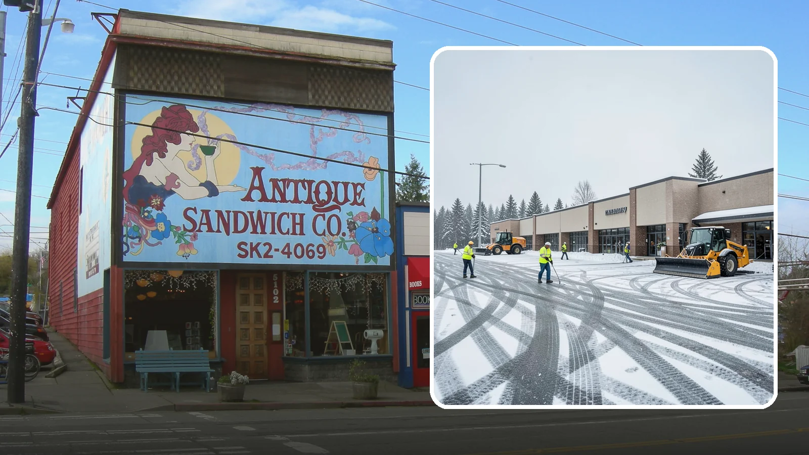 Big Box Store Snow Removal in Ruston, Pierce County, WA - When wet Cascade snow blankets a big box parking lot overnight, a plowed and salted approach is what keeps Western Washington...