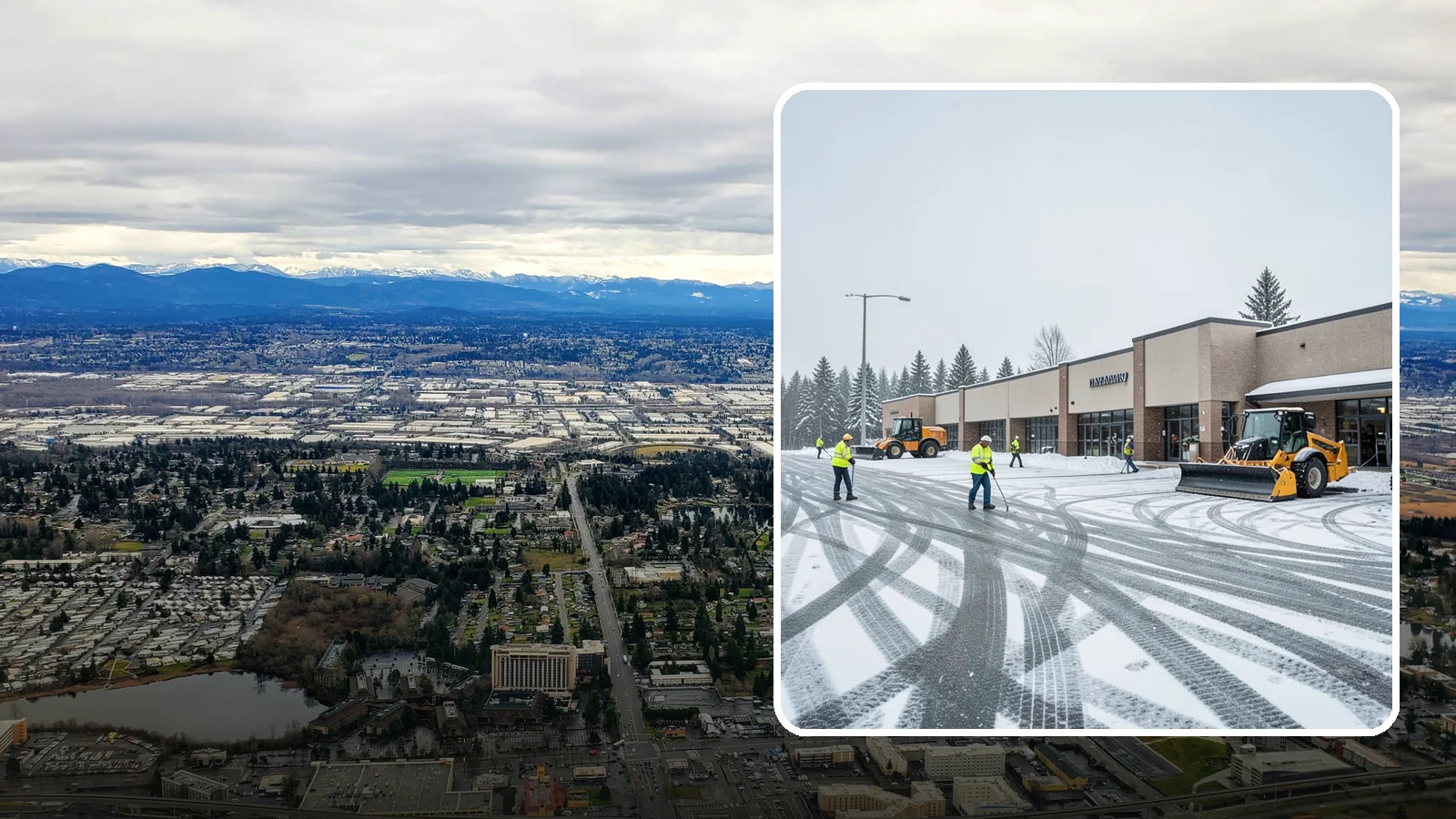 Big Box Store Snow Removal in SeaTac, King County, WA - When wet Cascade snow blankets a big box parking lot overnight, a plowed and salted approach is what keeps Western Washington...