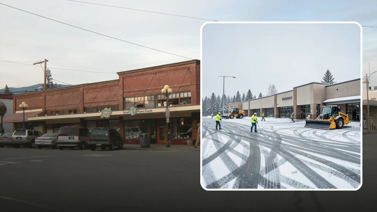 Big Box Store Snow Removal in Sedro-Woolley, Skagit County, WA - When wet Cascade snow blankets a big box parking lot overnight, a plowed and salted approach is what keeps Western Washington...