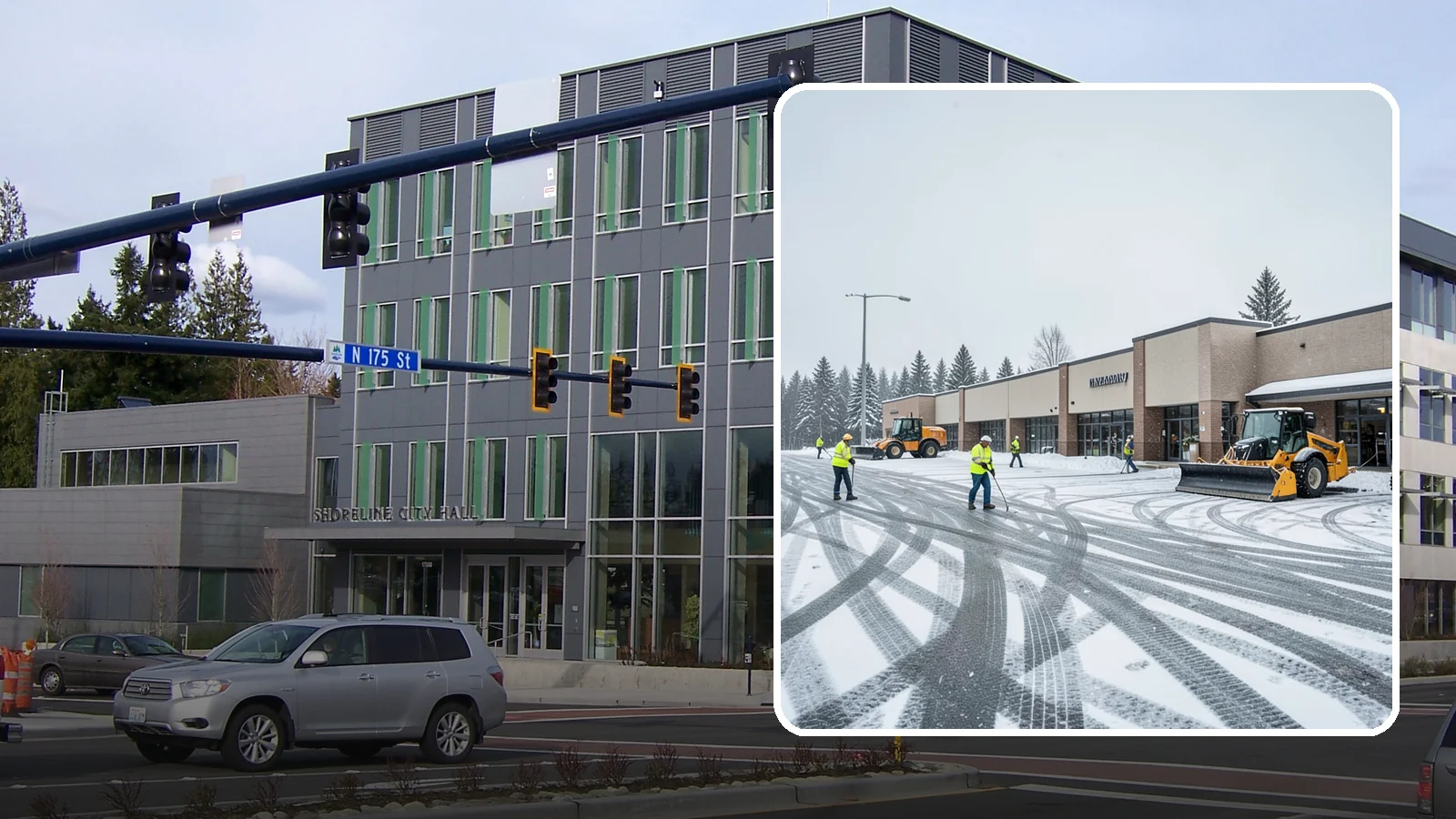 Big Box Store Snow Removal in Shoreline, King County, WA - When wet Cascade snow blankets a big box parking lot overnight, a plowed and salted approach is what keeps Western Washington...
