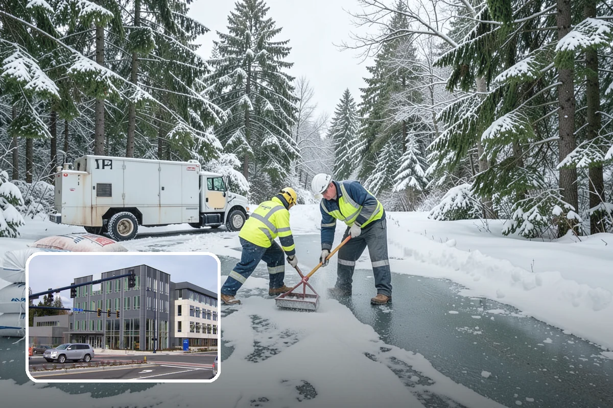 Big Box Store Snow Removal in Shoreline, King County, WA - Wide travel lanes and cart corrals cleared before opening