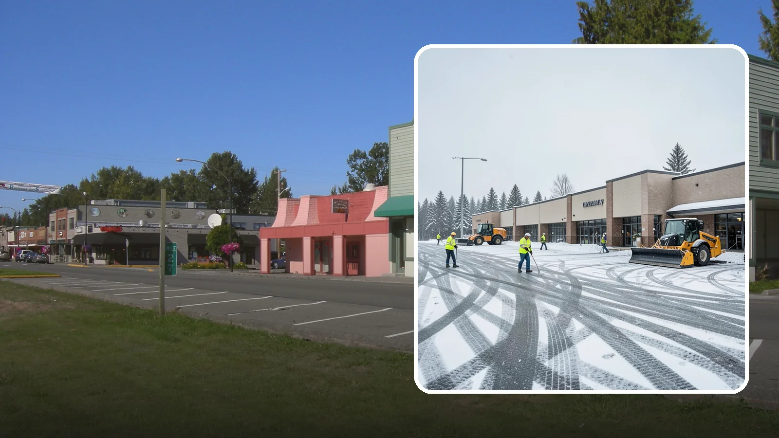 Big Box Store Snow Removal in Snoqualmie, King County, WA - When wet Cascade snow blankets a big box parking lot overnight, a plowed and salted approach is what keeps Western Washington...