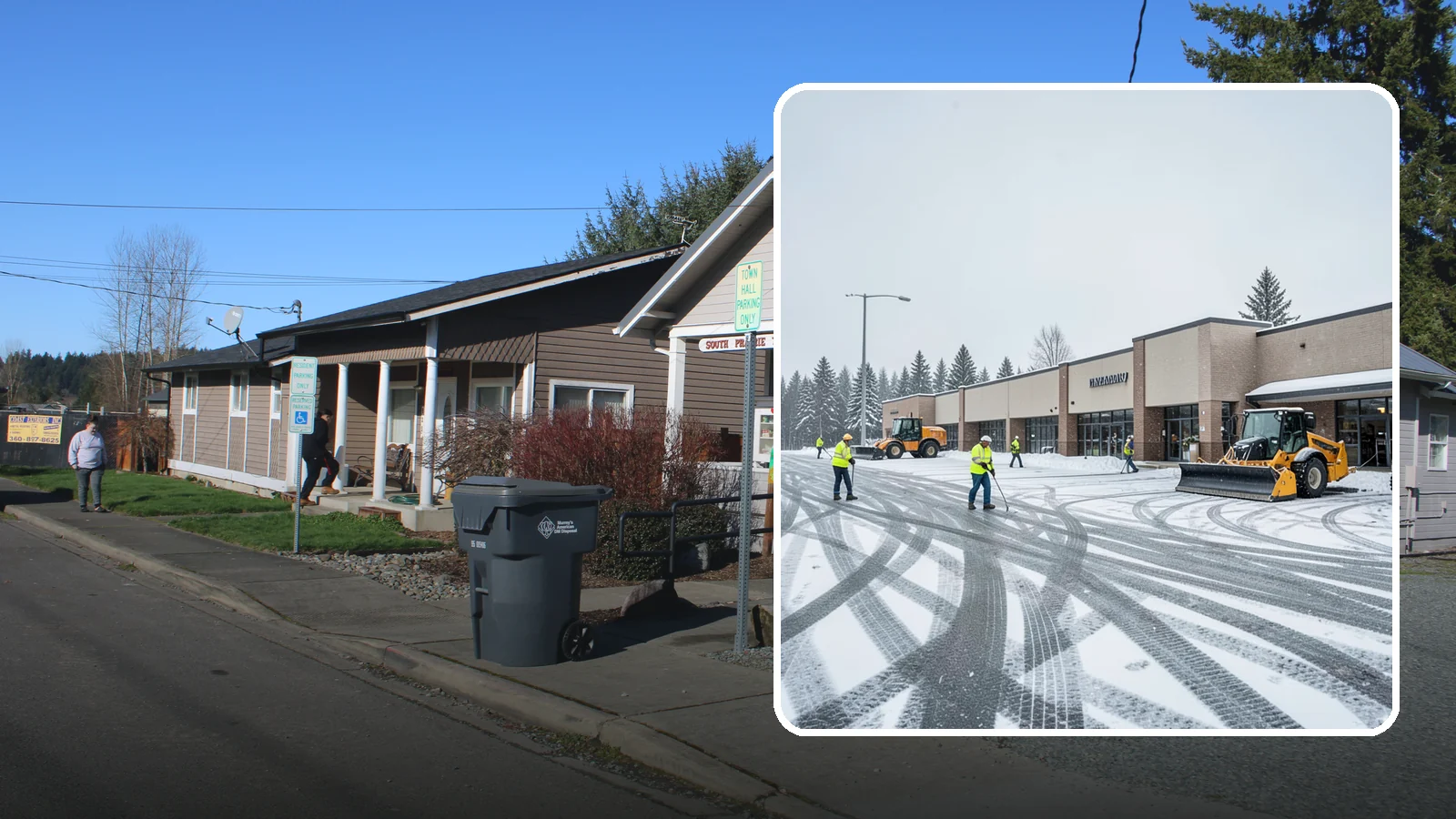 Big Box Store Snow Removal in South Prairie, Pierce County, WA - When wet Cascade snow blankets a big box parking lot overnight, a plowed and salted approach is what keeps Western Washington...