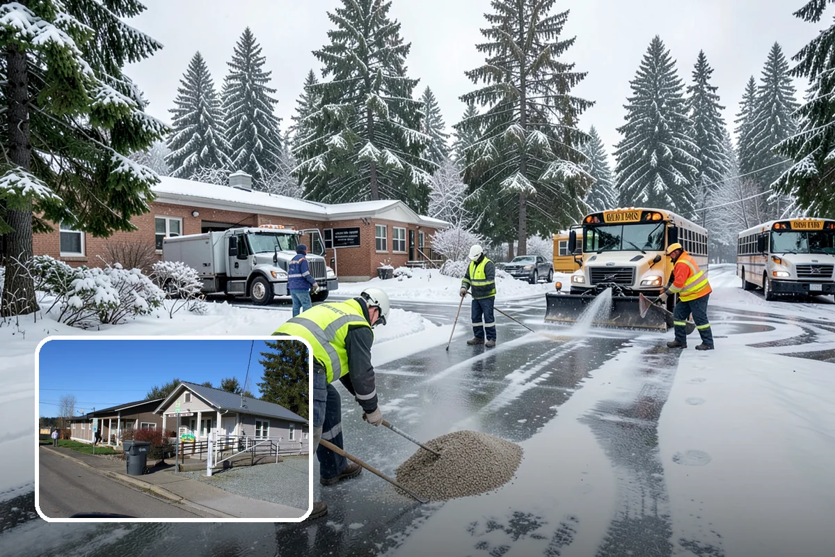 Big Box Store Snow Removal in South Prairie, Pierce County, WA - Wide travel lanes and cart corrals cleared before opening