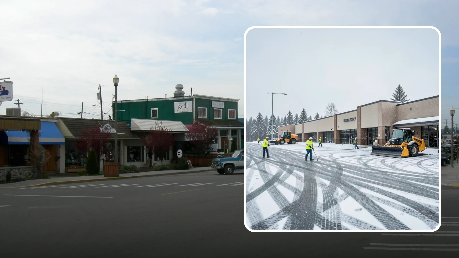 Big Box Store Snow Removal in Stanwood, Snohomish County, WA - When wet Cascade snow blankets a big box parking lot overnight, a plowed and salted approach is what keeps Western Washington...