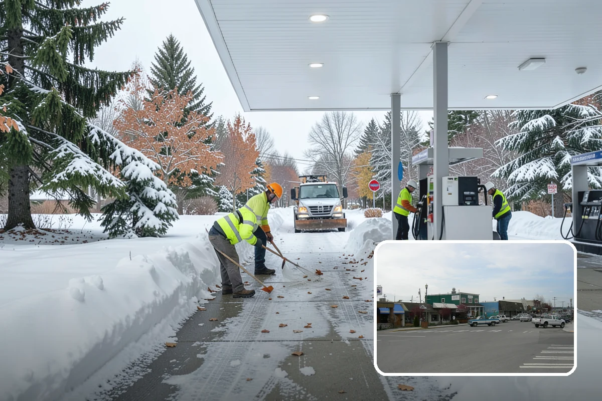 Big Box Store Snow Removal in Stanwood, Snohomish County, WA - Wide travel lanes and cart corrals cleared before opening