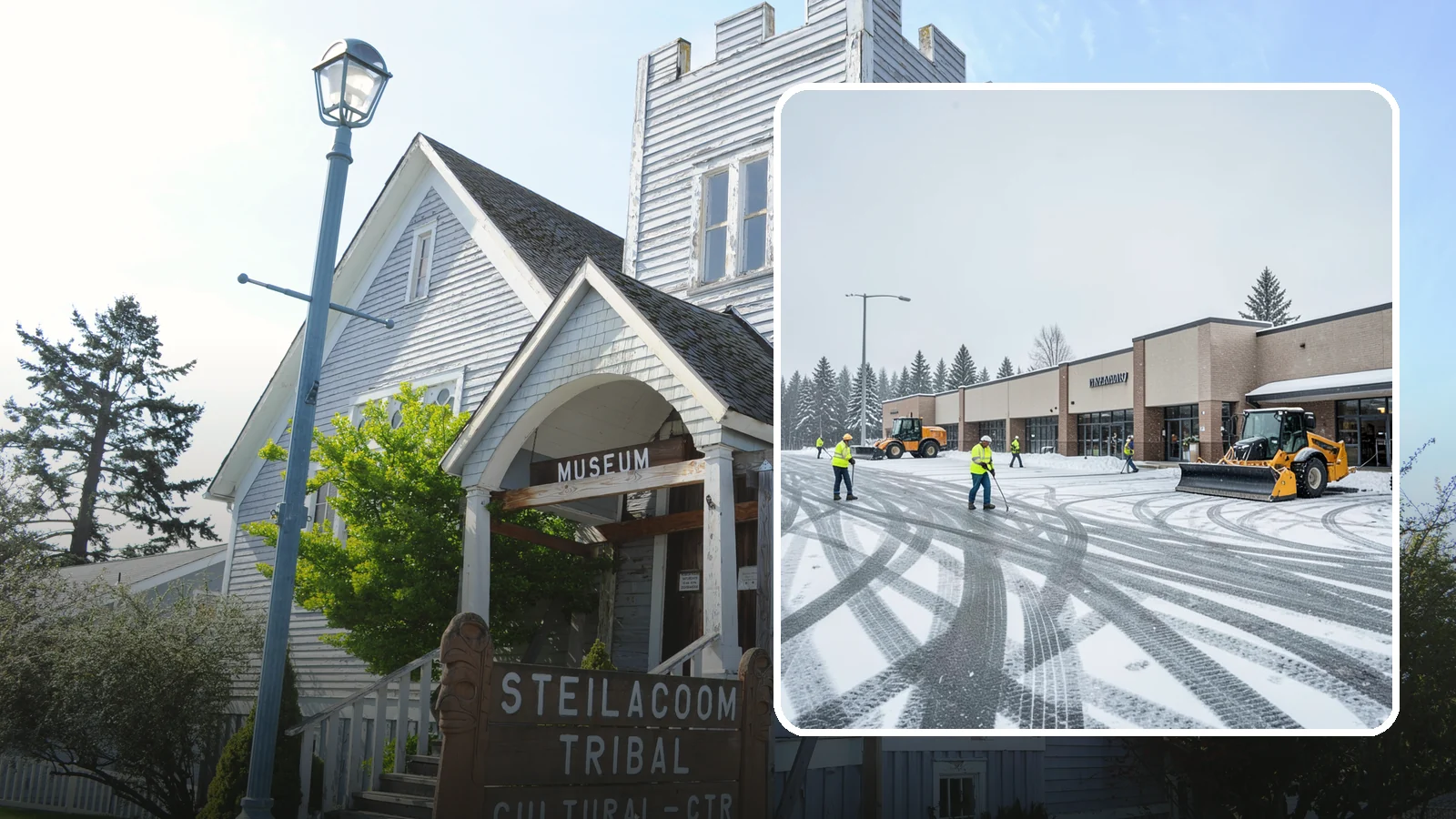 Big Box Store Snow Removal in Steilacoom, Pierce County, WA - When wet Cascade snow blankets a big box parking lot overnight, a plowed and salted approach is what keeps Western Washington...