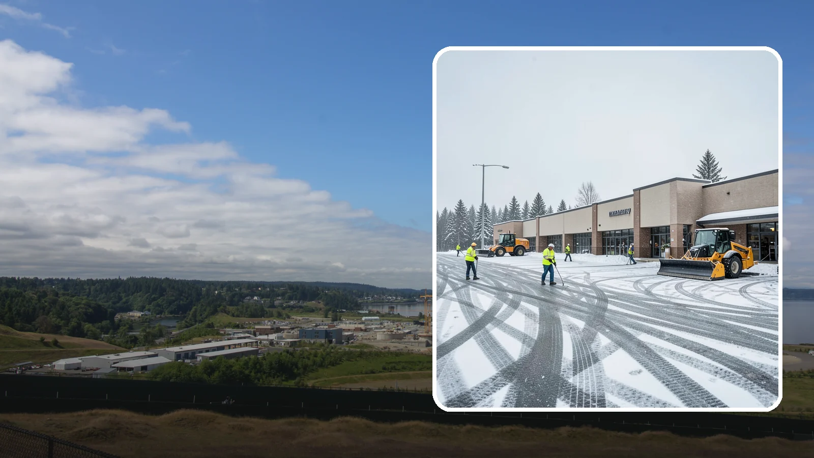 Big Box Store Snow Removal in University Place, Pierce County, WA - When wet Cascade snow blankets a big box parking lot overnight, a plowed and salted approach is what keeps Western Washington...