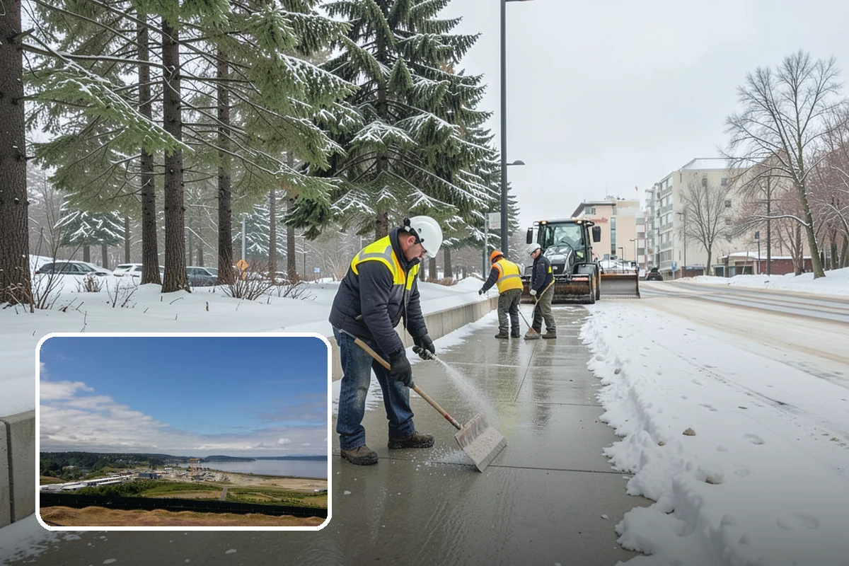 Big Box Store Snow Removal in University Place, Pierce County, WA - Wide travel lanes and cart corrals cleared before opening
