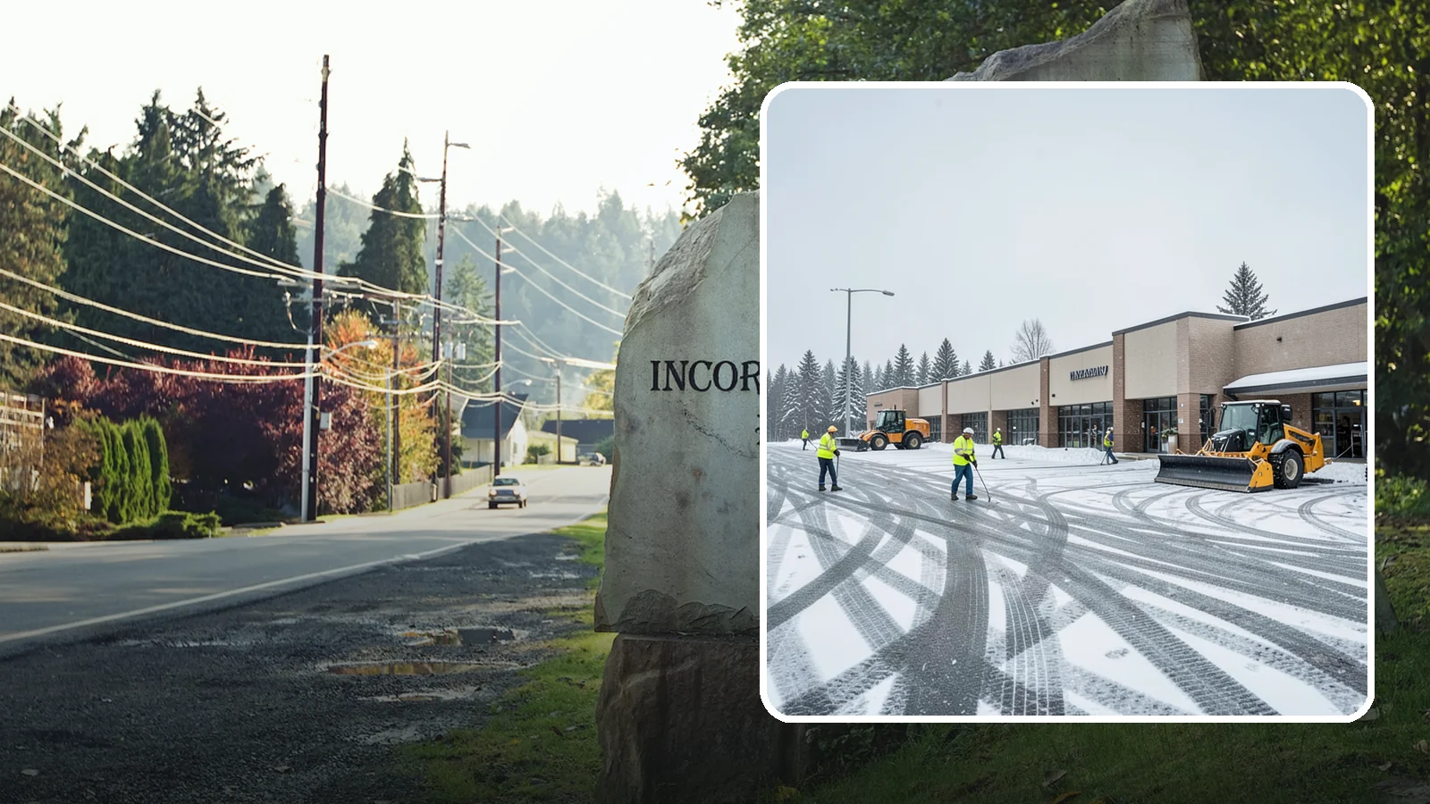 Big Box Store Snow Removal in Wilkeson, Pierce County, WA - When wet Cascade snow blankets a big box parking lot overnight, a plowed and salted approach is what keeps Western Washington...