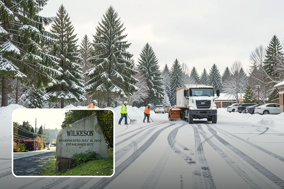 Big Box Store Snow Removal in Wilkeson, Pierce County, WA - Wide travel lanes and cart corrals cleared before opening