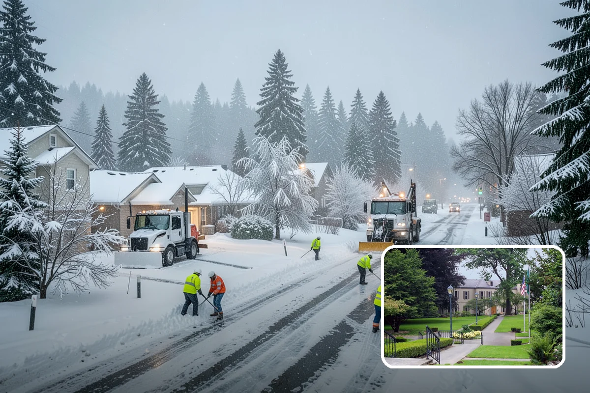 Big Box Store Snow Removal in Woodinville, King County, WA - Wide travel lanes and cart corrals cleared before opening
