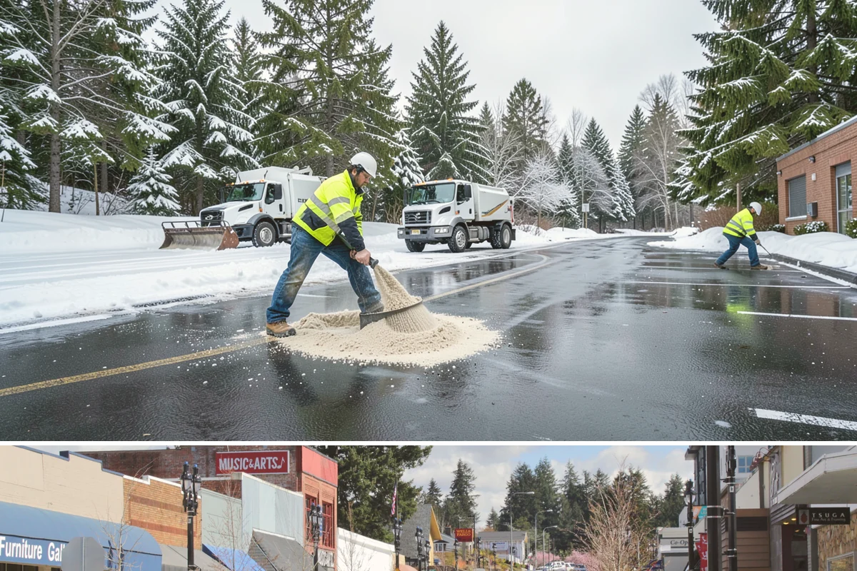 Black Ice Treatment in Bothell, King County, WA - Black ice treatment peaks during the calm, clear nights of December and January when Puget Sound's damp pavement refreezes before...