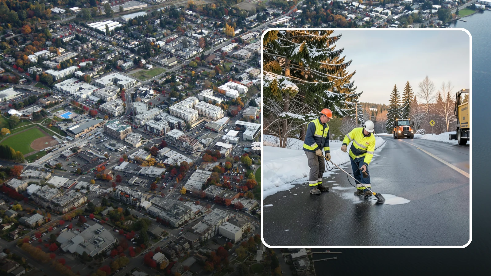 Black Ice Treatment in Kirkland, King County, WA - Black ice treatment tackles the nearly invisible glaze that forms when Western Washington's wet pavement refreezes after dark.