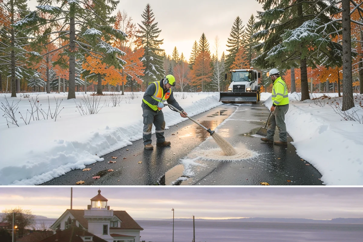Black Ice Treatment in Mukilteo, Snohomish County, WA - Black ice treatment peaks during the calm, clear nights of December and January when Puget Sound's damp pavement refreezes before...