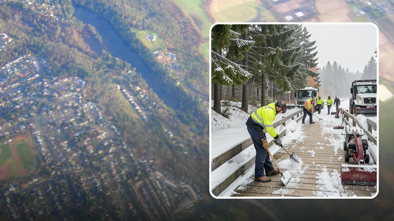 Boardwalk Snow Clearing in Algona, King County, WA - Gentle snow clearing of wood and composite boardwalks where blades and harsh deicers would damage the decking.