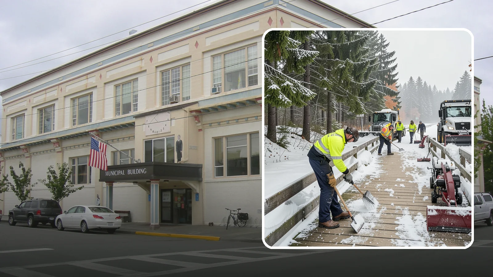 Boardwalk Snow Clearing in Anacortes, Skagit County, WA - Gentle snow clearing of wood and composite boardwalks where blades and harsh deicers would damage the decking.