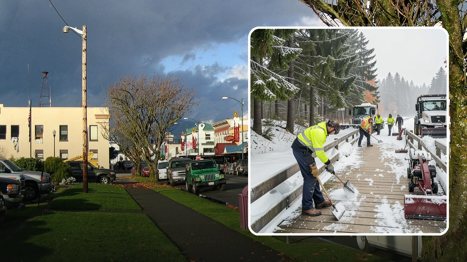 Boardwalk Snow Clearing in Arlington, Snohomish County, WA - Gentle snow clearing of wood and composite boardwalks where blades and harsh deicers would damage the decking.