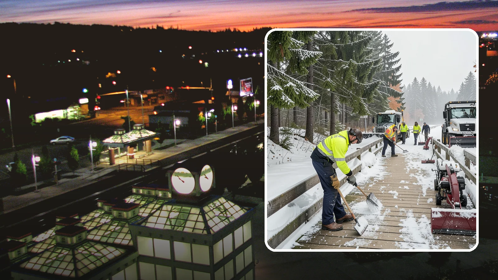 Boardwalk Snow Clearing in Auburn, King County, WA - Gentle snow clearing of wood and composite boardwalks where blades and harsh deicers would damage the decking.