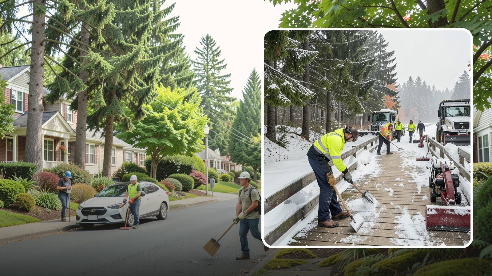 Boardwalk Snow Clearing in Beaux Arts Village, King County, WA - Gentle snow clearing of wood and composite boardwalks where blades and harsh deicers would damage the decking.
