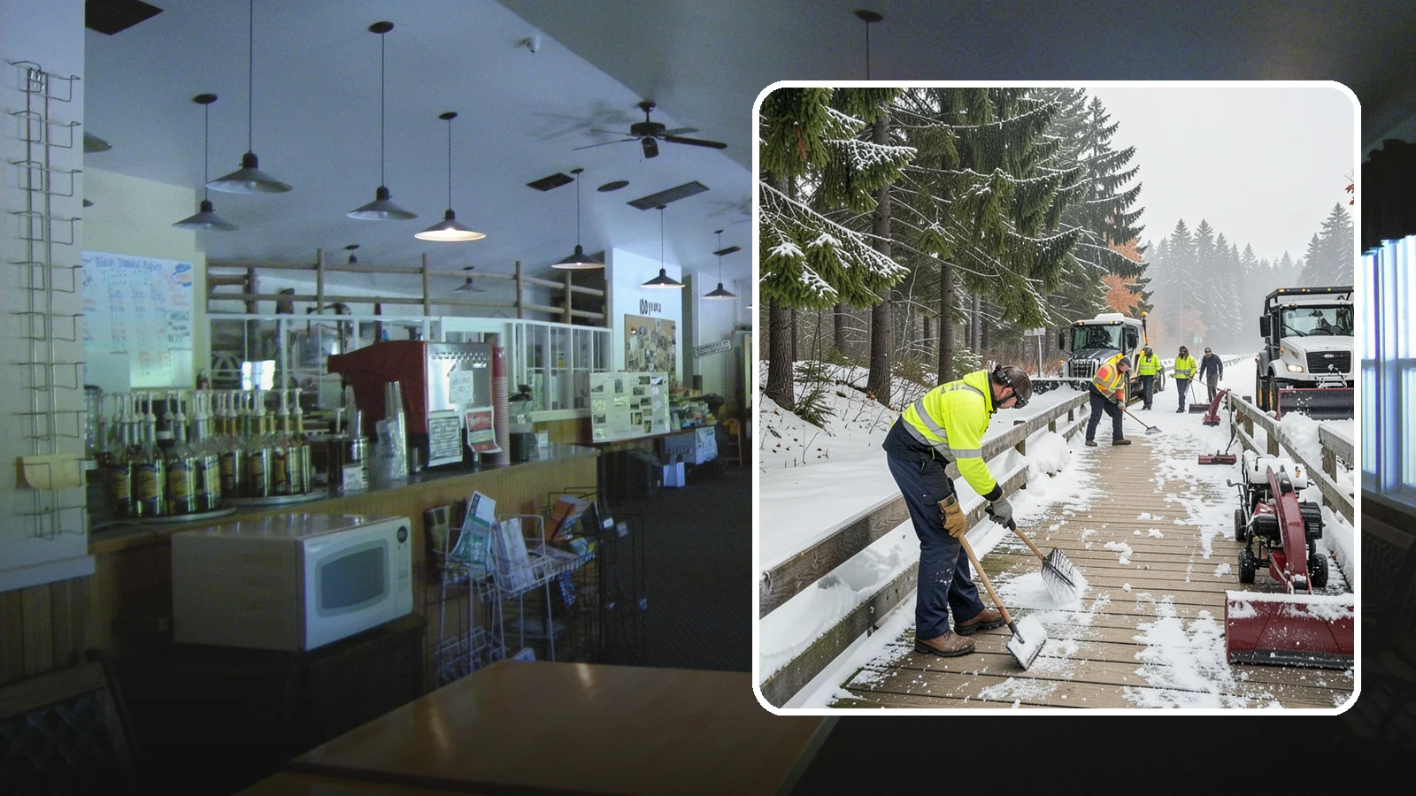 Boardwalk Snow Clearing in Black Diamond, King County, WA - Gentle snow clearing of wood and composite boardwalks where blades and harsh deicers would damage the decking.