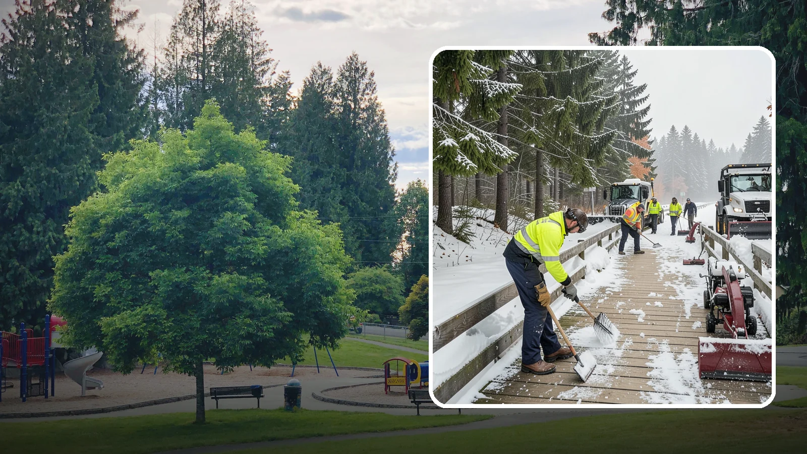 Boardwalk Snow Clearing in Bonney Lake, Pierce County, WA - Gentle snow clearing of wood and composite boardwalks where blades and harsh deicers would damage the decking.
