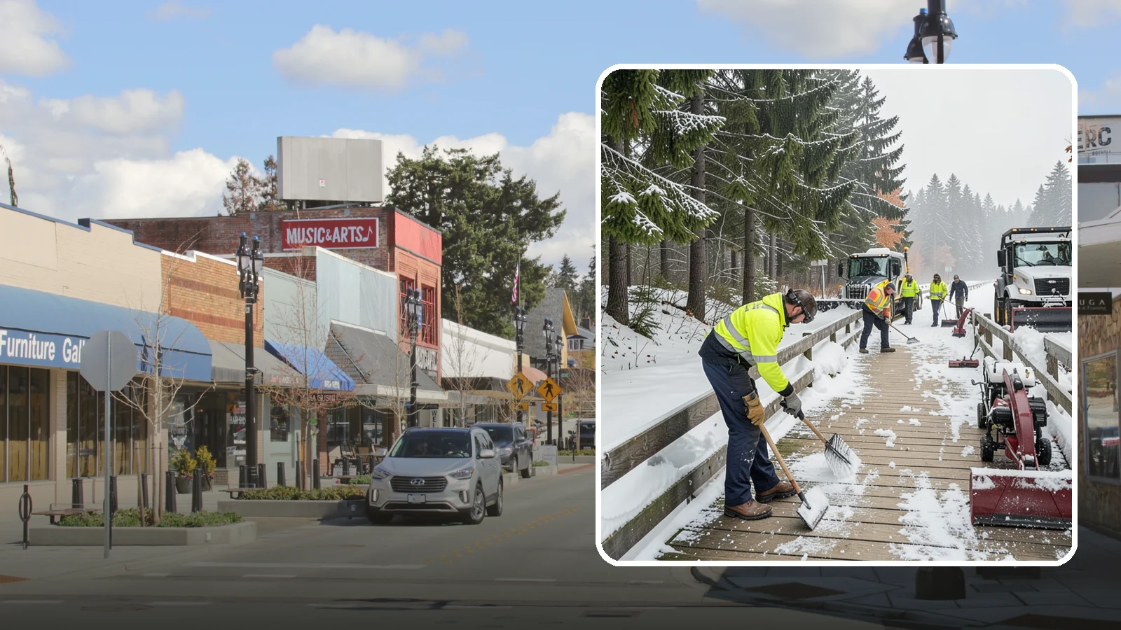 Boardwalk Snow Clearing in Bothell, King County, WA - Gentle snow clearing of wood and composite boardwalks where blades and harsh deicers would damage the decking.