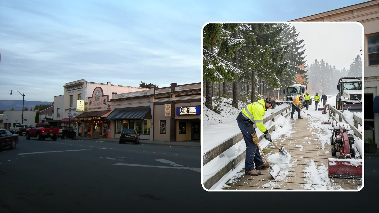 Boardwalk Snow Clearing in Burlington, Skagit County, WA - Gentle snow clearing of wood and composite boardwalks where blades and harsh deicers would damage the decking.