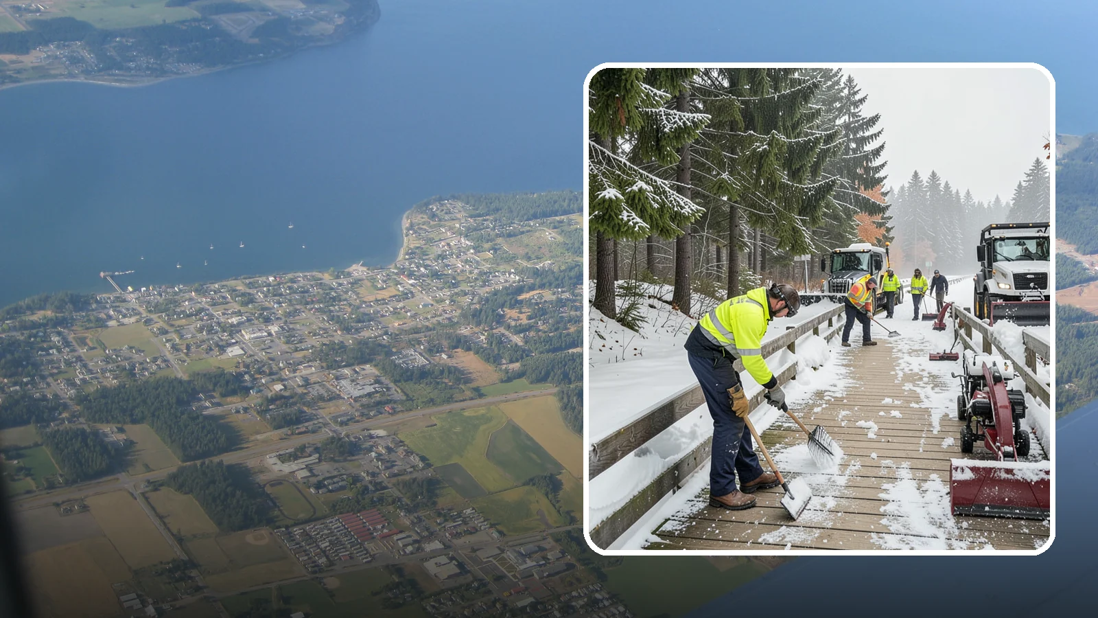 Boardwalk Snow Clearing in Coupeville, Island County, WA - Gentle snow clearing of wood and composite boardwalks where blades and harsh deicers would damage the decking.
