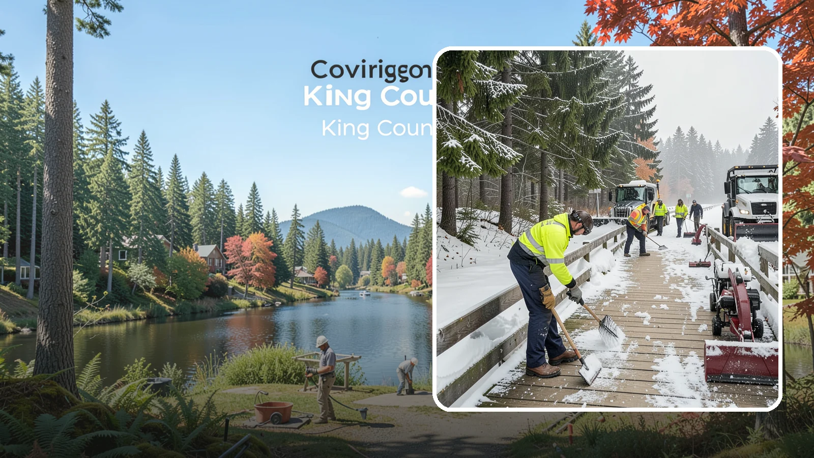 Boardwalk Snow Clearing in Covington, King County, WA - Gentle snow clearing of wood and composite boardwalks where blades and harsh deicers would damage the decking.