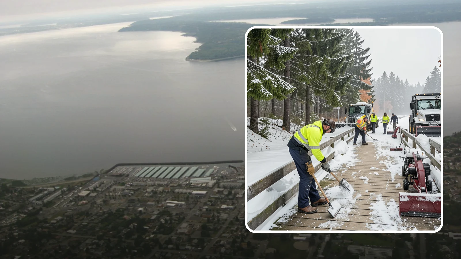 Boardwalk Snow Clearing in Des Moines, King County, WA - Gentle snow clearing of wood and composite boardwalks where blades and harsh deicers would damage the decking.
