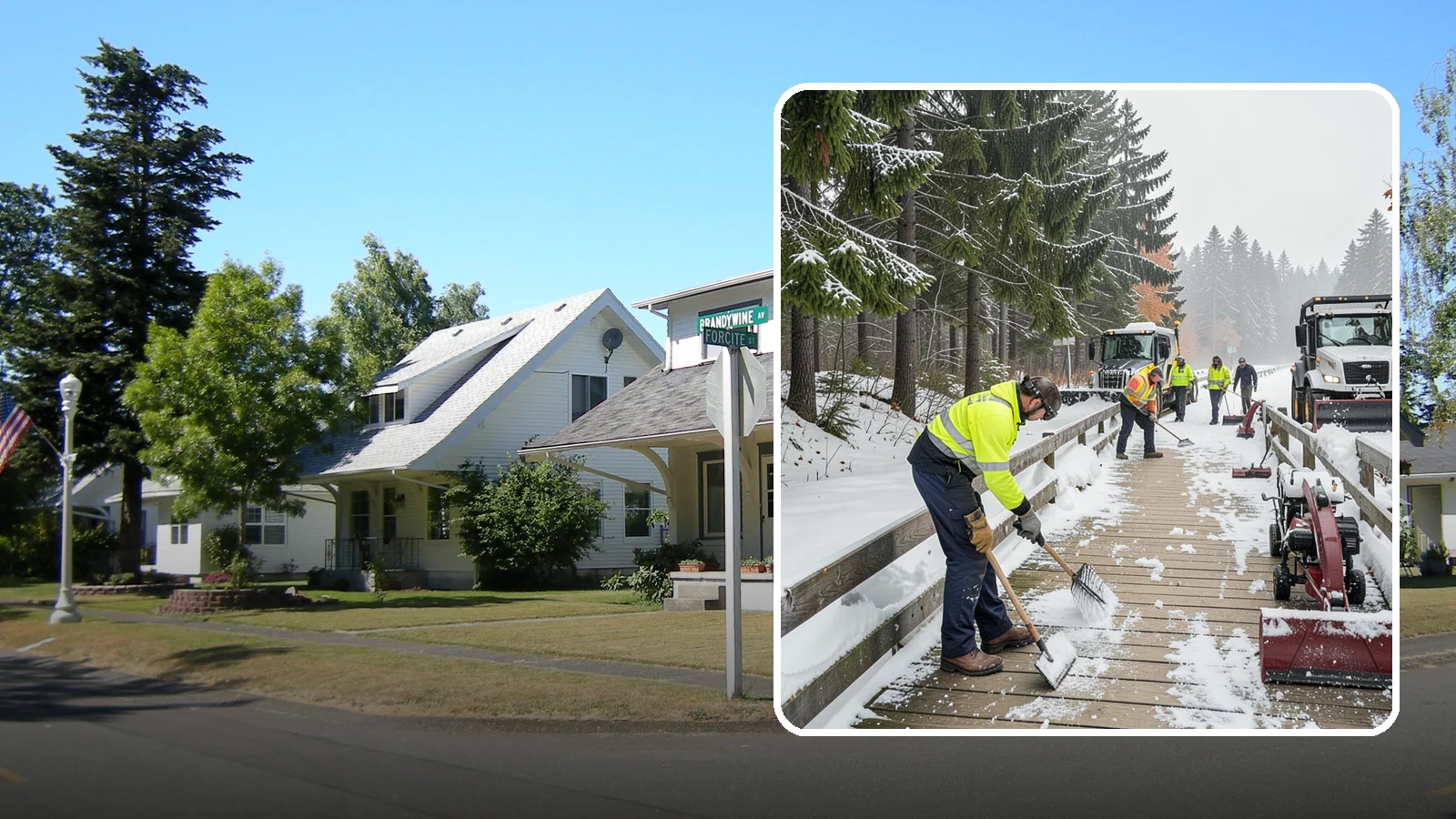Boardwalk Snow Clearing in DuPont, Pierce County, WA - Gentle snow clearing of wood and composite boardwalks where blades and harsh deicers would damage the decking.
