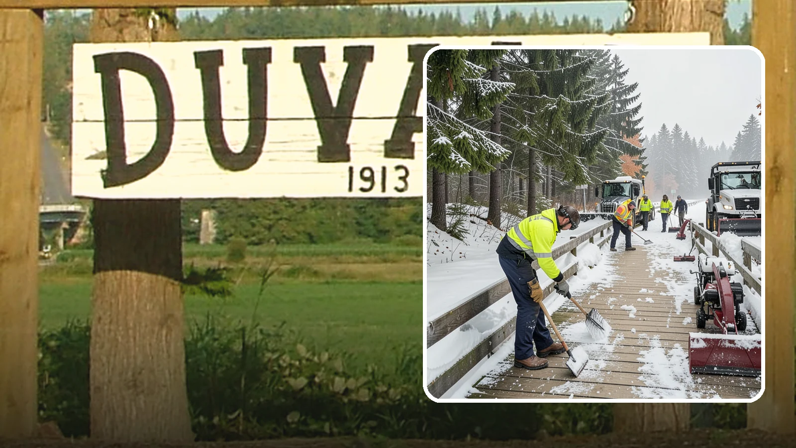 Boardwalk Snow Clearing in Duvall, King County, WA - Gentle snow clearing of wood and composite boardwalks where blades and harsh deicers would damage the decking.