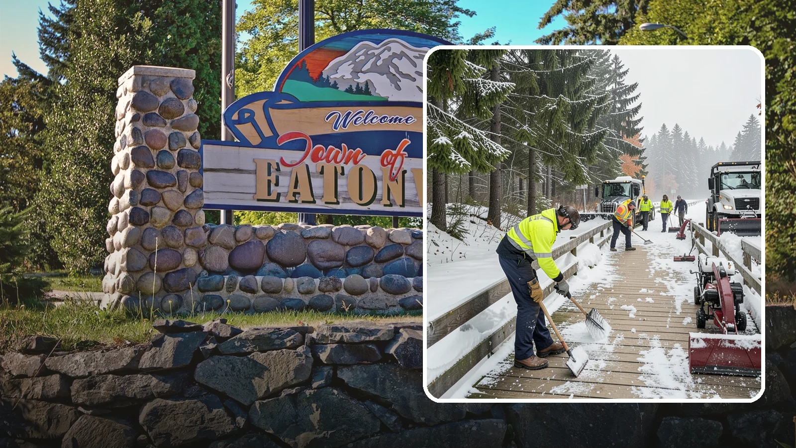 Boardwalk Snow Clearing in Eatonville, Pierce County, WA - Gentle snow clearing of wood and composite boardwalks where blades and harsh deicers would damage the decking.