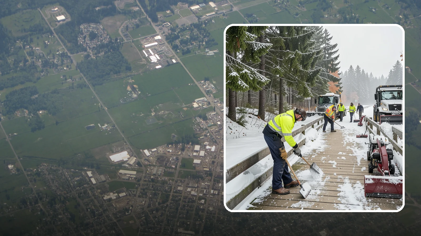 Boardwalk Snow Clearing in Enumclaw, King County, WA - Gentle snow clearing of wood and composite boardwalks where blades and harsh deicers would damage the decking.