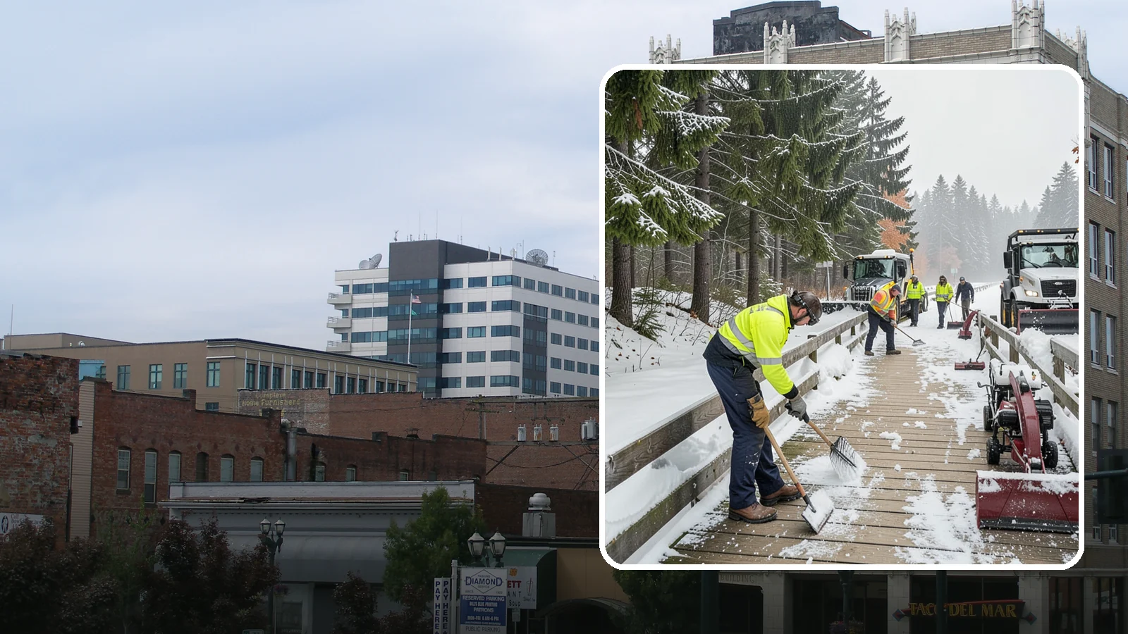 Boardwalk Snow Clearing in Everett, Snohomish County, WA - Gentle snow clearing of wood and composite boardwalks where blades and harsh deicers would damage the decking.